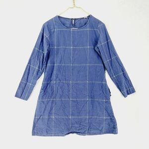 Zei La La Navy Plaid Crewneck Long Sleeve Pockets  Midi Tunic Dress P3316